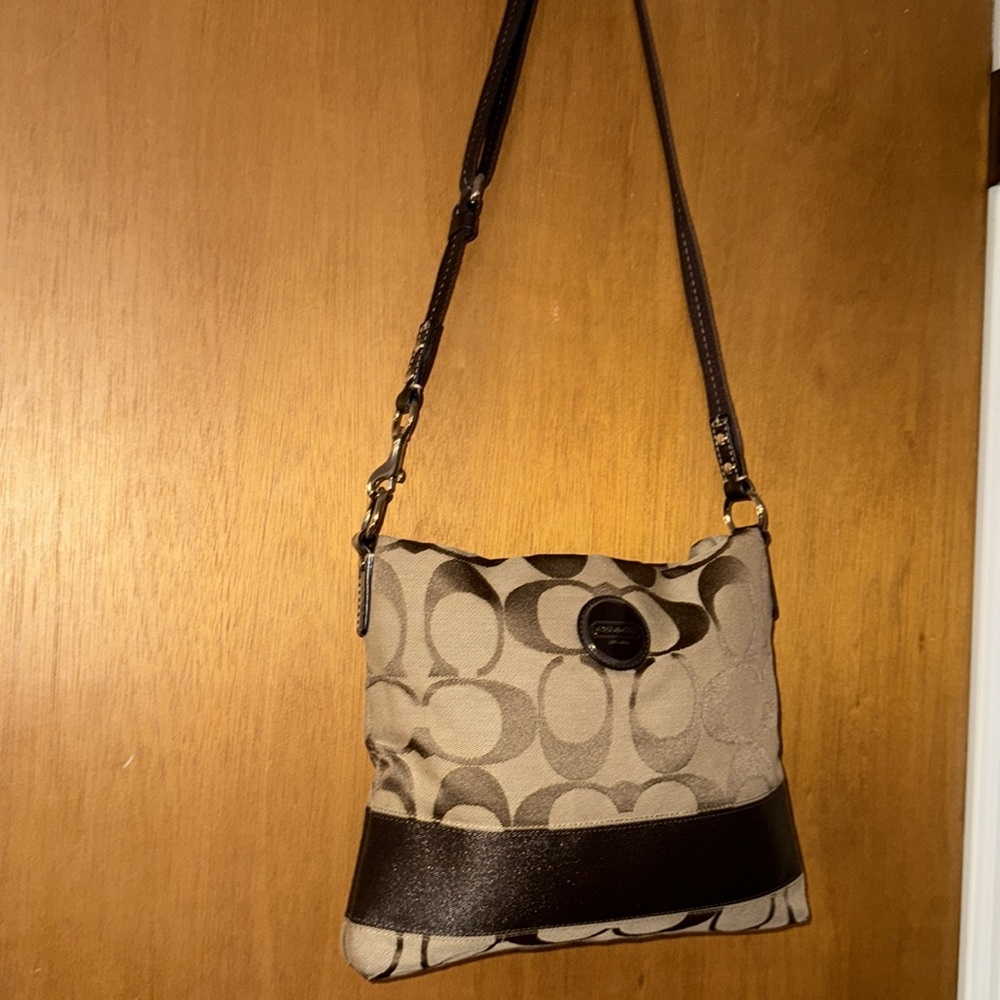 •COACH•TAN & BROWN SIGNATURE “C” STRIPED LOGO FILE TOTE CROSSBODY BAG EUC - Picture 9 of 17